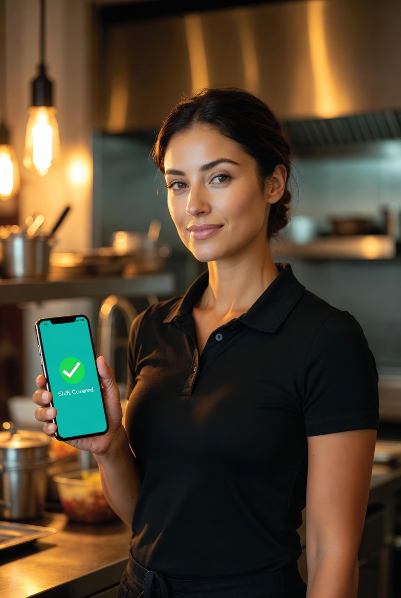 Restaurant manager using Truvex app to fill shift coverage on phone