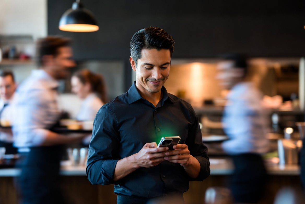Restaurant shift manager calmly using Truvex to fill an open shift